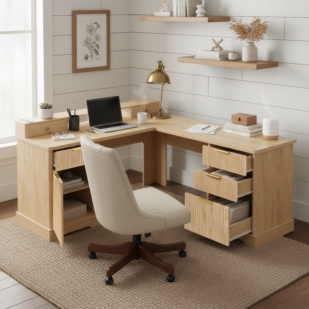 Fluted L-Shaped Desk With Charging Station & Storage Cabinet