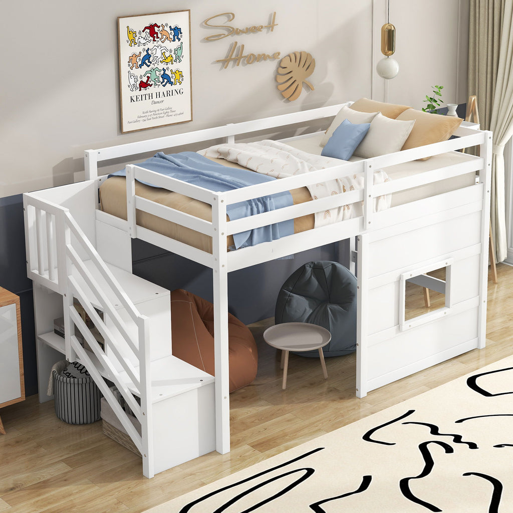 Loft Bed With Storage Staircase, Window & LED Light