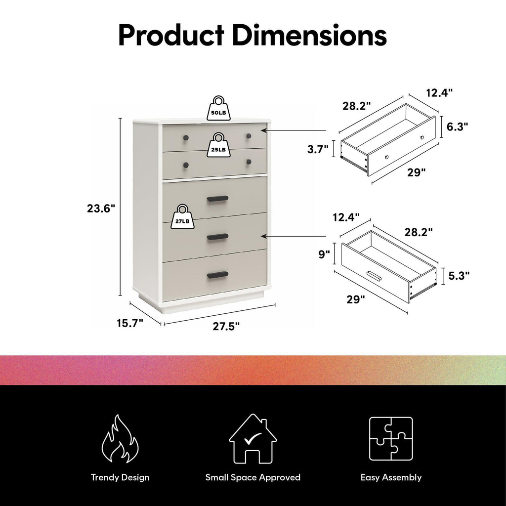Valencia - 5 Drawer Dresser - White / Gray