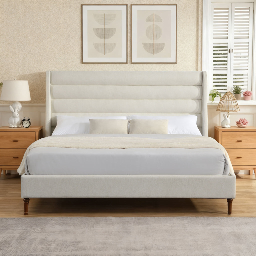 Modern Upholstered Platform Bed With Wave Shaped Headboard