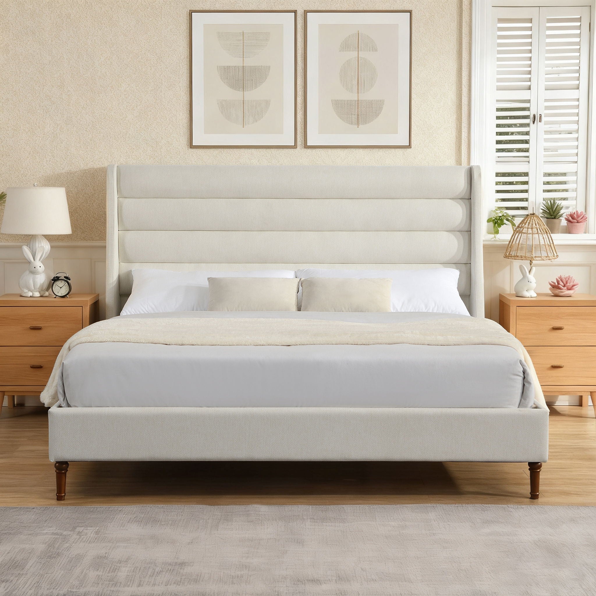 Modern Upholstered Platform Bed With Wave Shaped Headboard