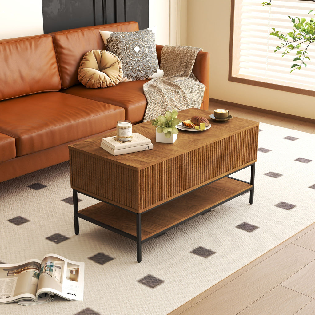 Rectangle Lift Top Coffee Table With Hidden Storage And Lower Shelf - Brown