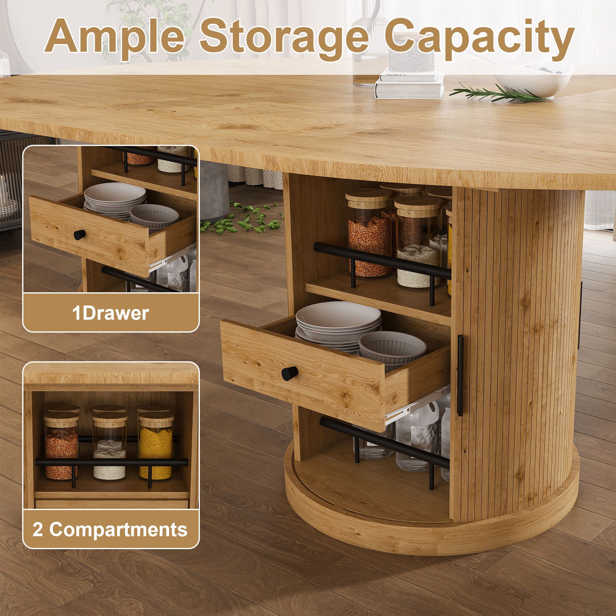 Extendable Oval Dining Table Set With 4 Cushioned Chairs, 2 Tier Storage - Oak