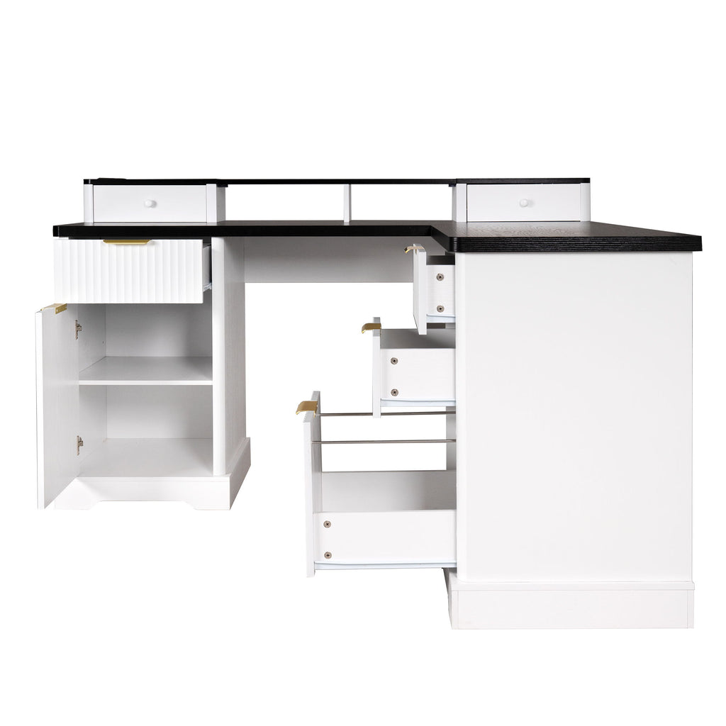 Fluted L-Shaped Desk With Charging Station & Storage Cabinet