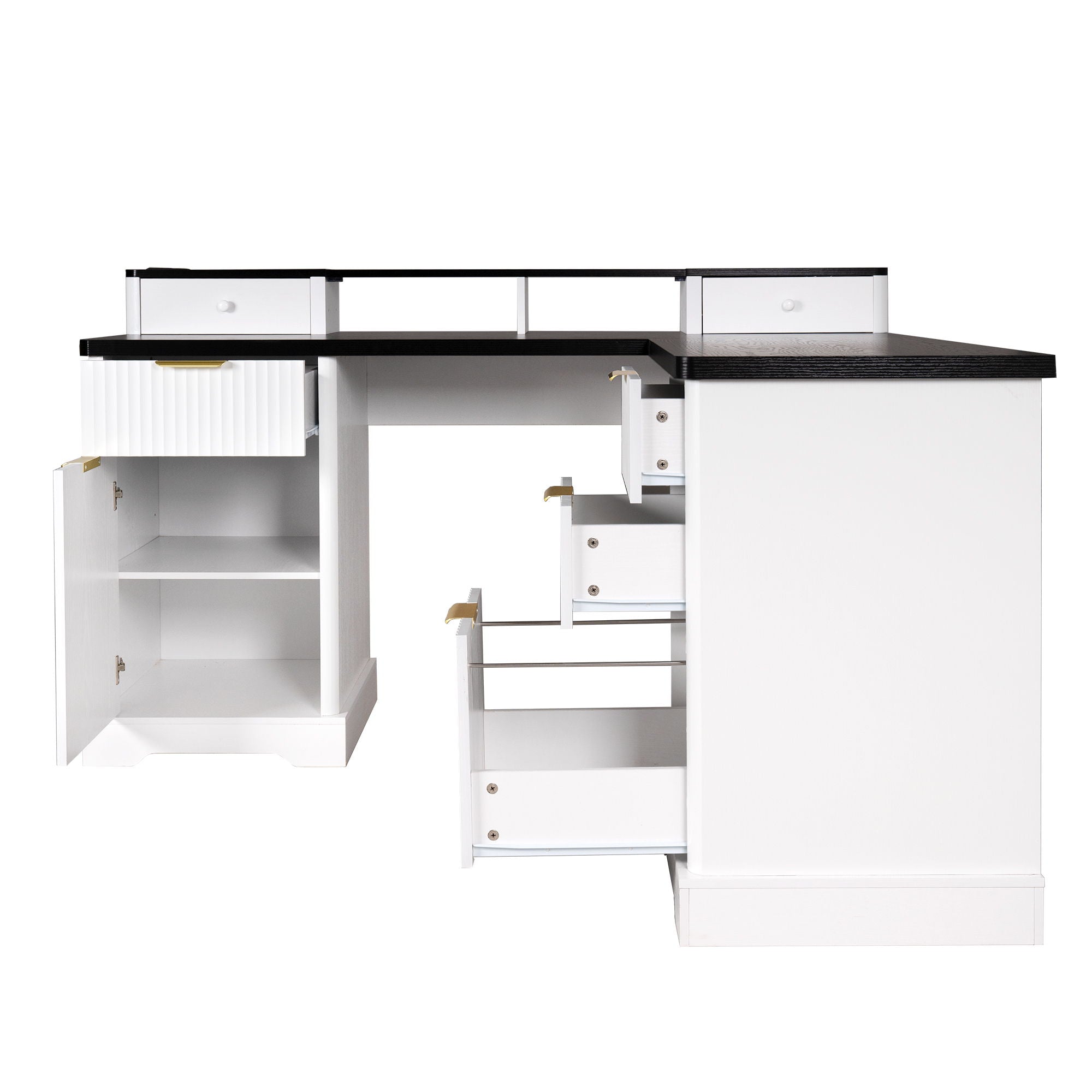 Fluted L-Shaped Desk With Charging Station & Storage Cabinet