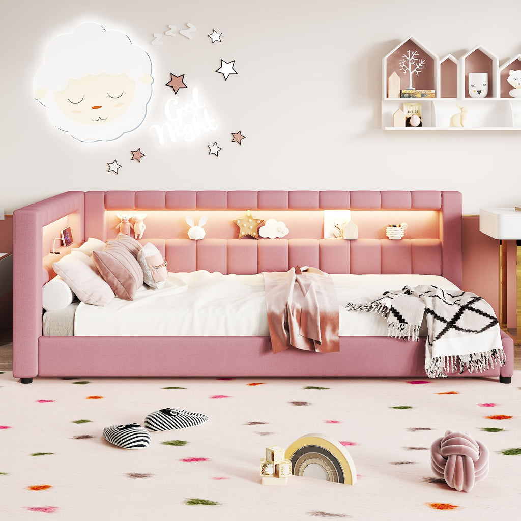 Upholstered Platform Bed With LED Belt And USB Ports
