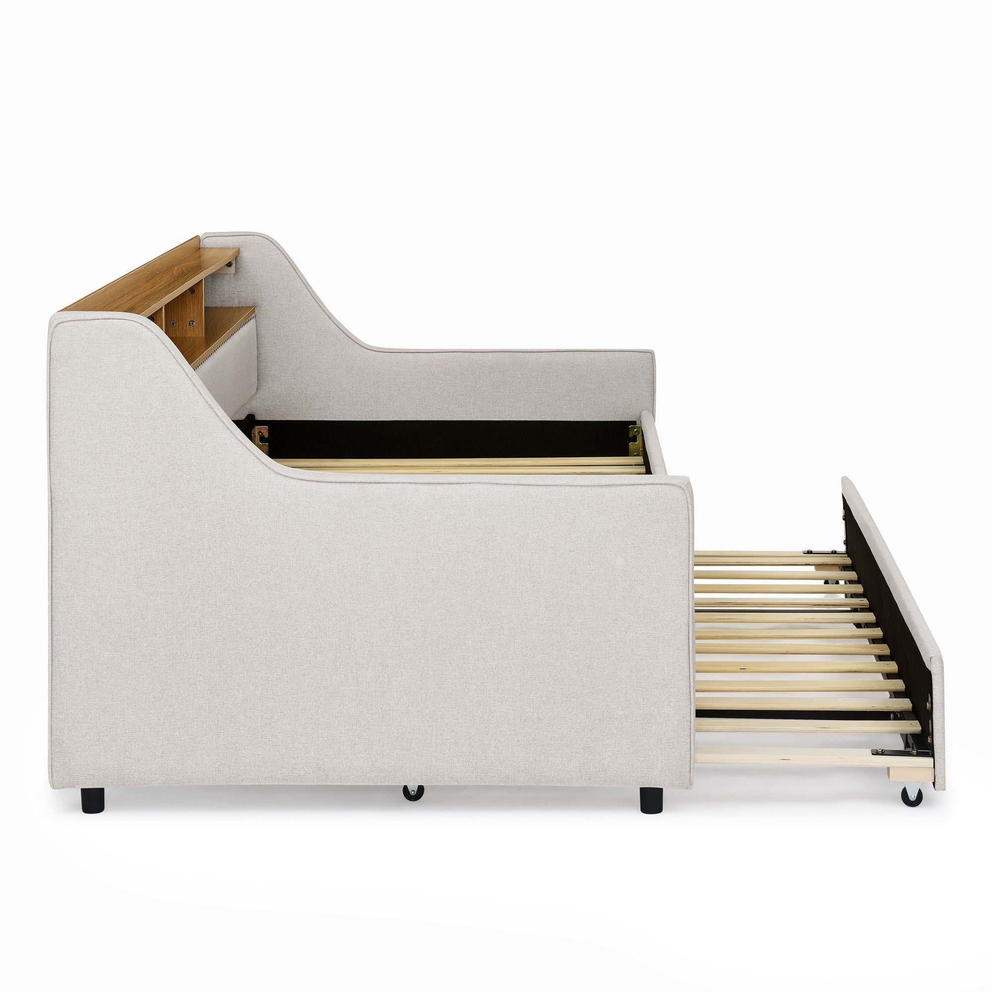 Upholstered Sofa Bed With LED Lights, Storage Headboard, Foldable Trundle & Wireless Charging