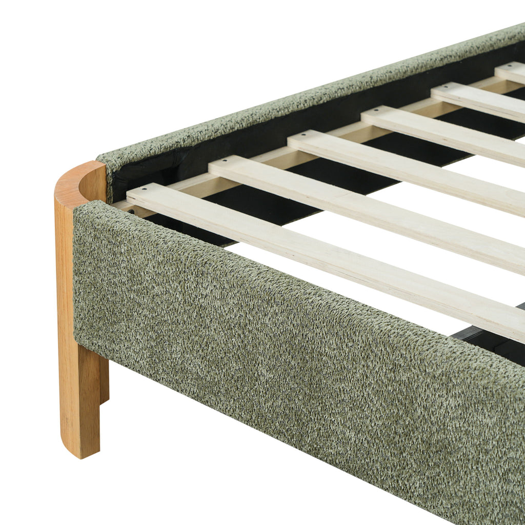 Upholstered Platform Bed Frame With Curved Headboard, Built-In Floating Shelves