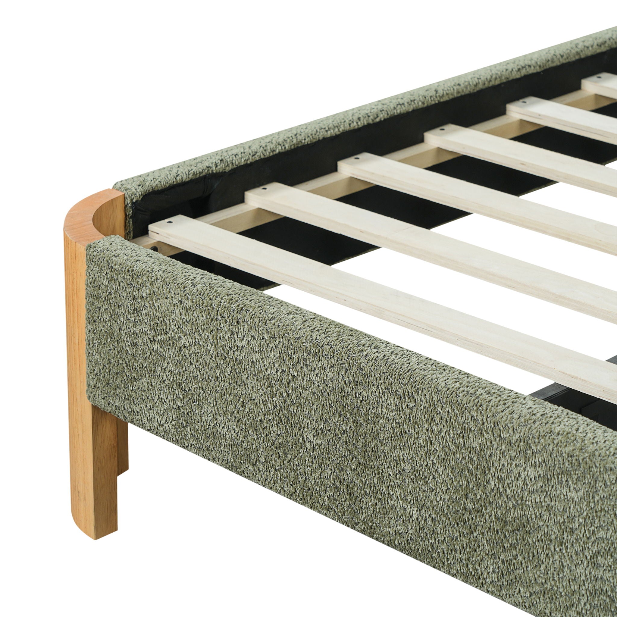 Upholstered Platform Bed Frame With Curved Headboard, Built-In Floating Shelves