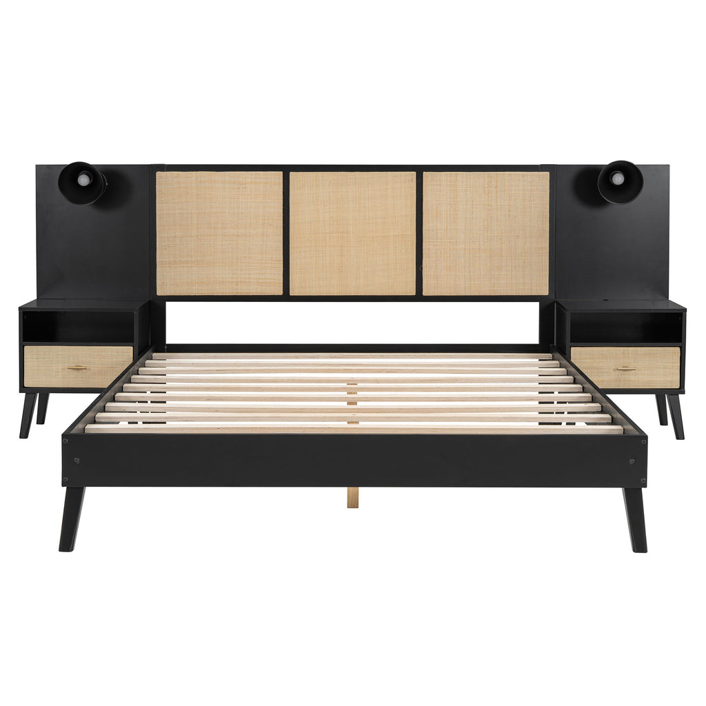 Bed Frame With 2 Nightstands Elegant Design With Lamps