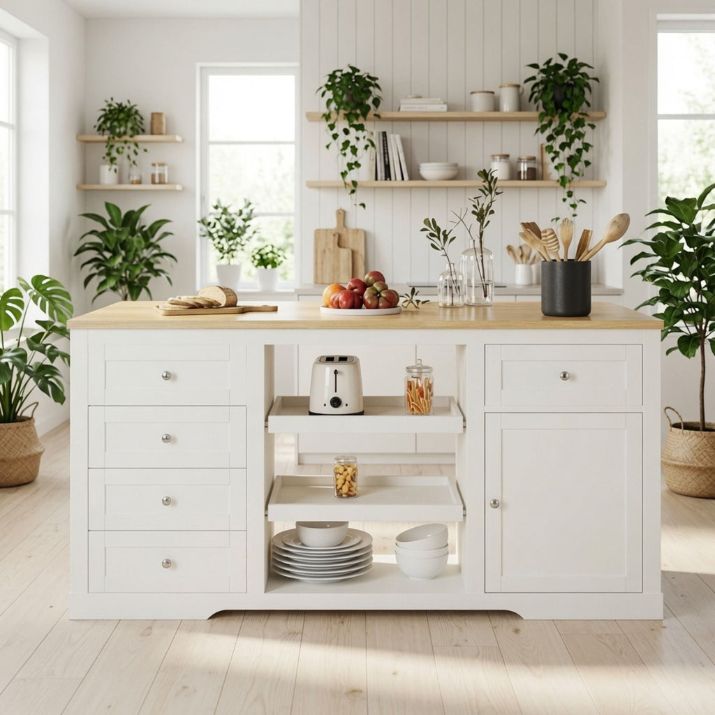 Drop Leaf Kitchen Island With Storage, Power Outlet & Pet Bowl Drawer - White / Light Oak