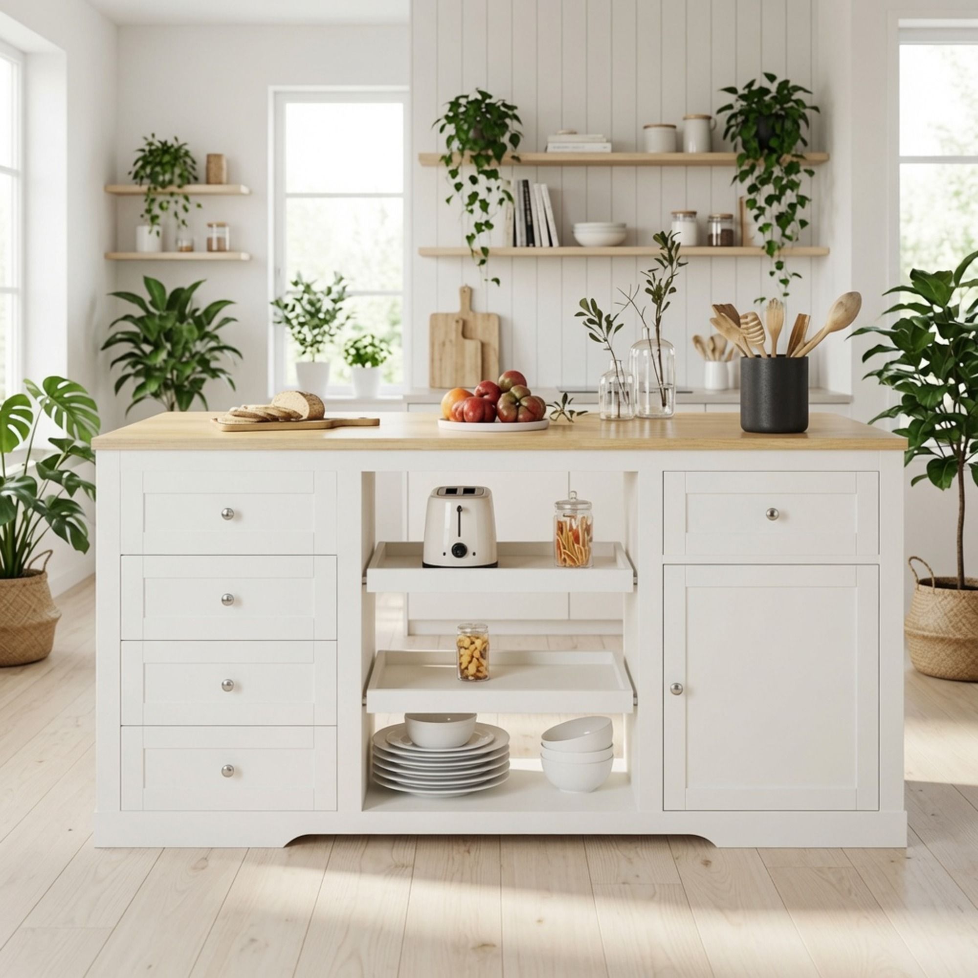 Drop Leaf Kitchen Island With Storage, Power Outlet & Pet Bowl Drawer - White / Light Oak