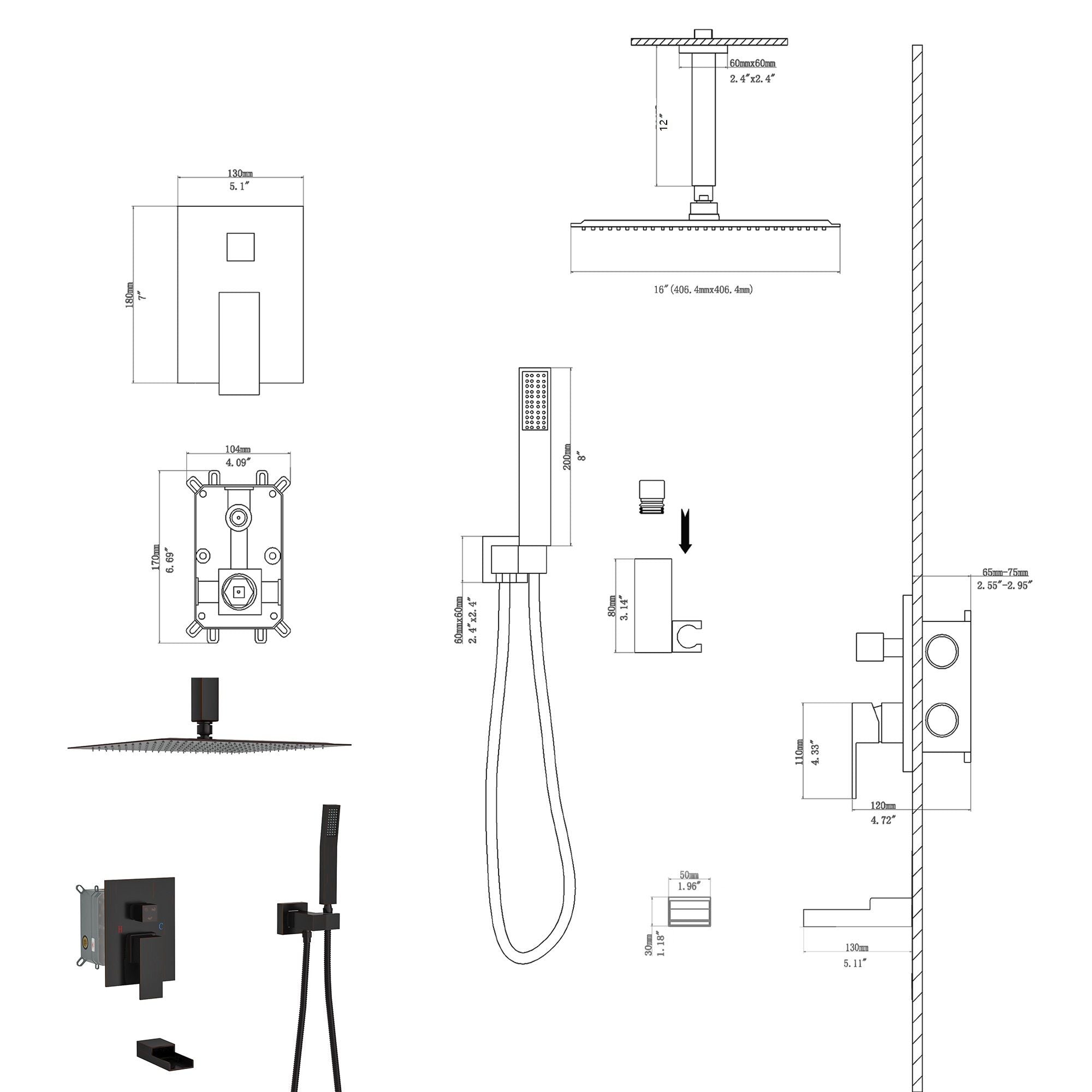 Shower System With Waterfall Tub Spout And 16" Ceiling Mount Square Rain Shower - Oil-Rubbed Bronze