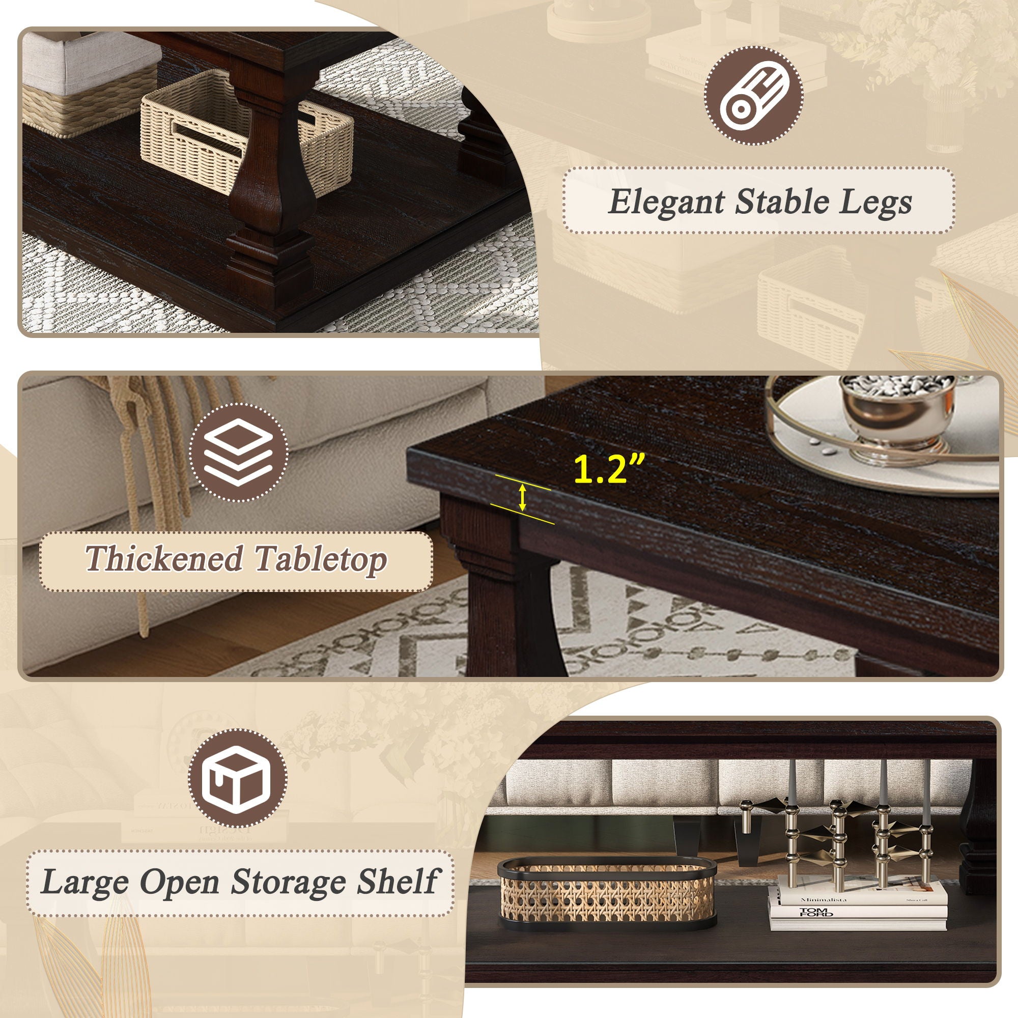 Rectangular Coffee Table With Open Storage Shelf For Living Room - Espresso