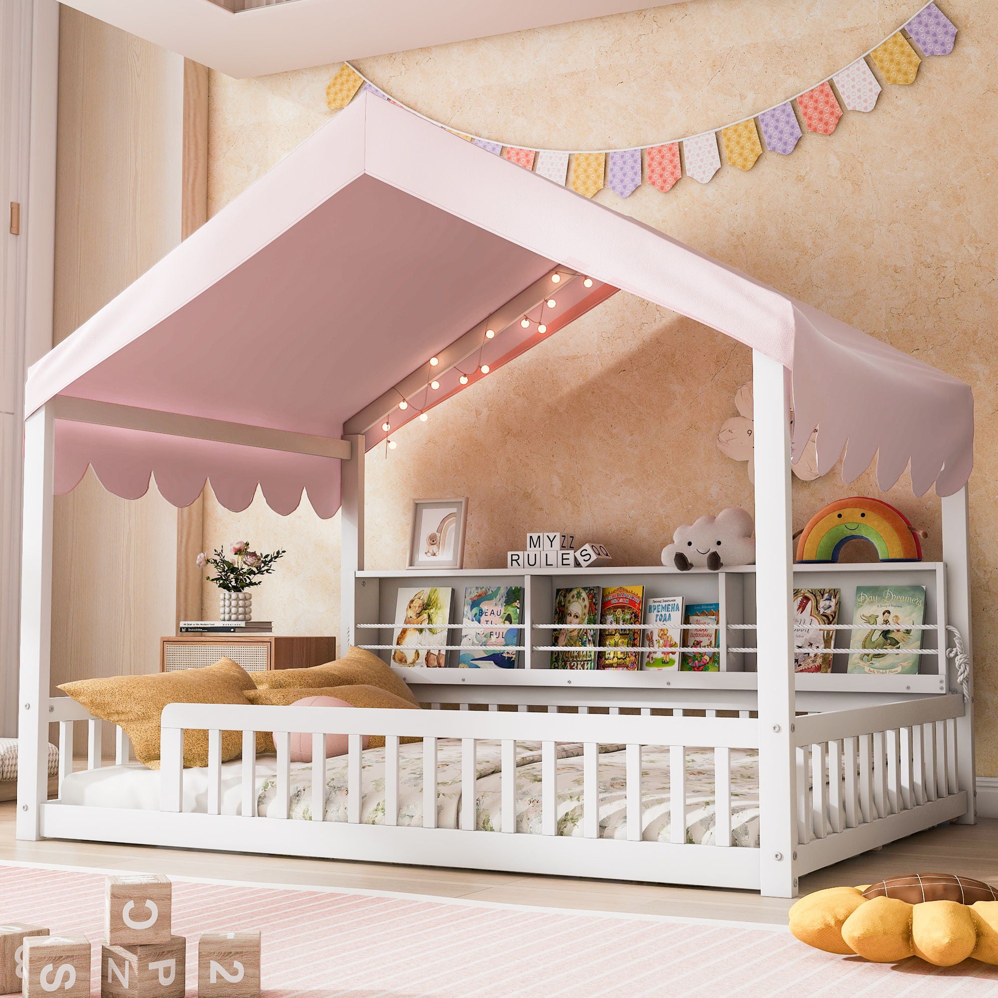 House Shaped Floor Bed With Fense, 3 Storage Bookshelves, Curtain And LED Light
