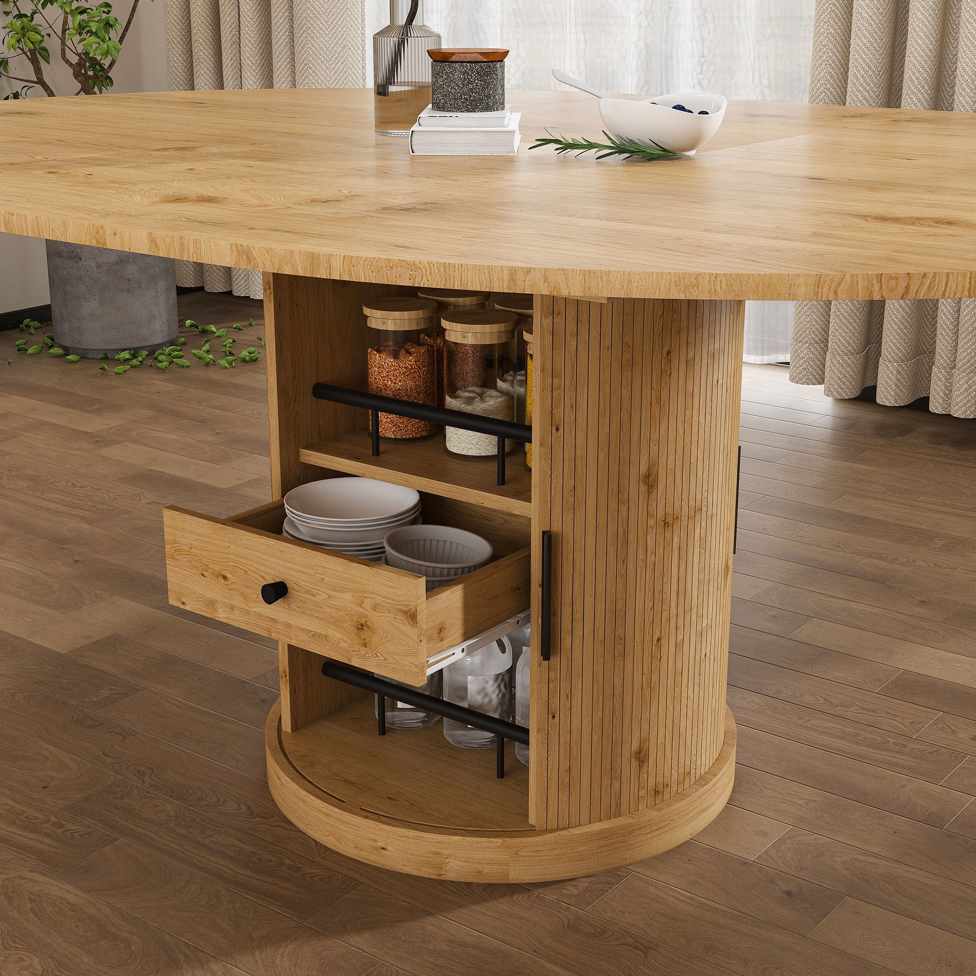 Extendable Oval Dining Table Set With 4 Cushioned Chairs, 2 Tier Storage - Oak