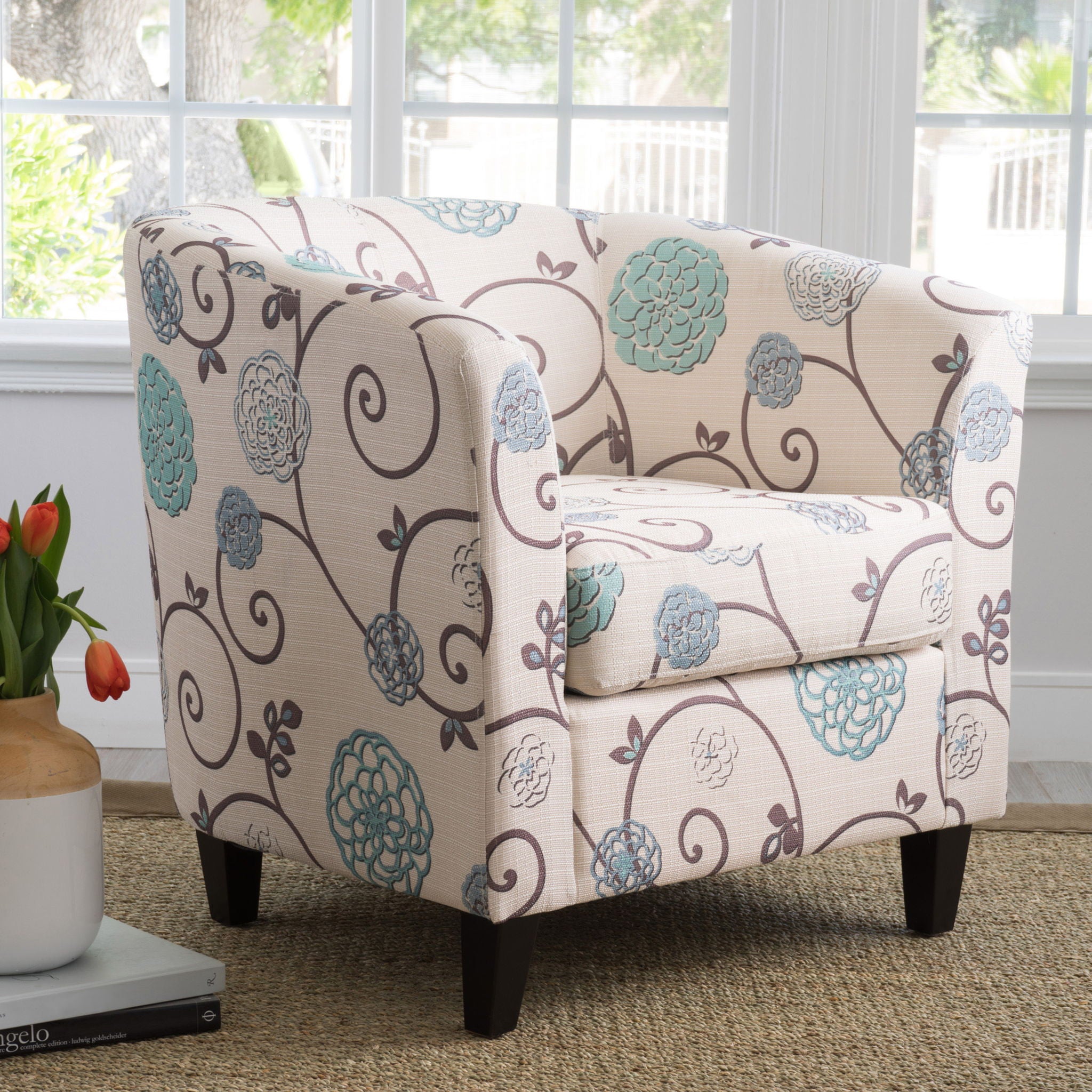 Club Chair With Floral Pattern And Solid Wood Legs - Multi Color