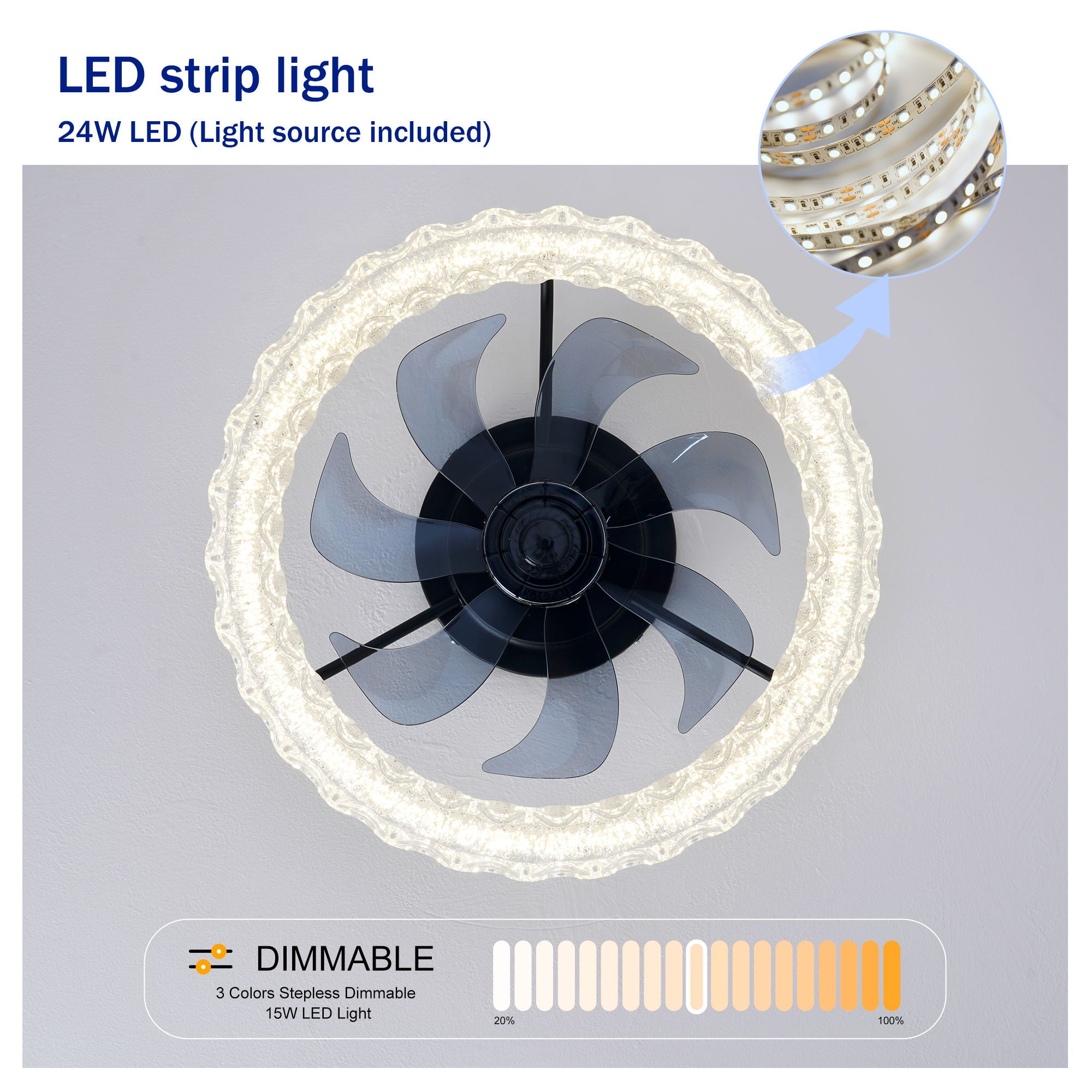 LED Light Source And Remote Control, 3000 - 6500K Dimmable Flush Mount LED Fan Light, 6 Speeds, Quiet DC Motor - Matte Black