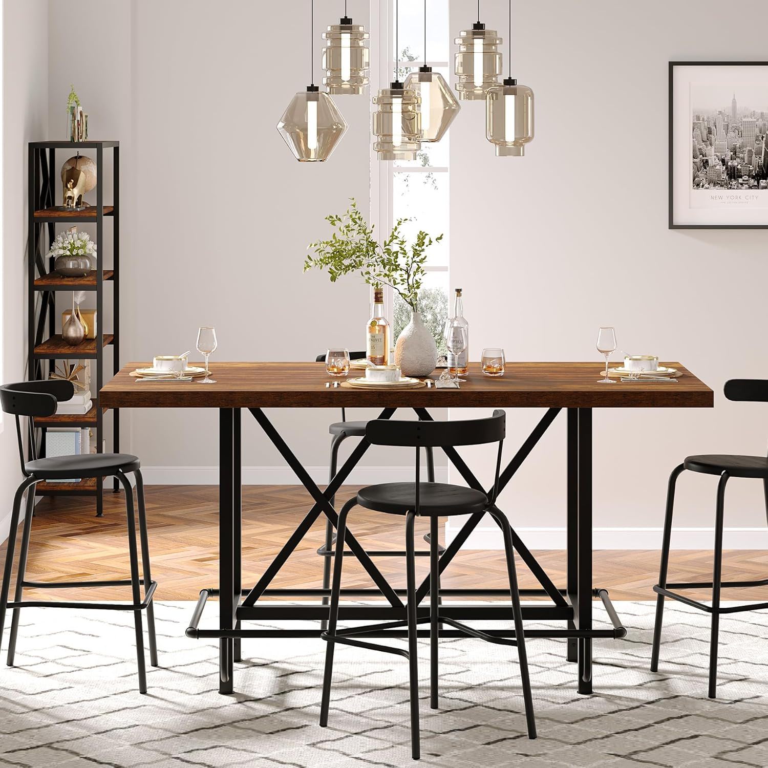 Counter Height Dining Rectangular Kitchen Table For 6 - Brown / Black
