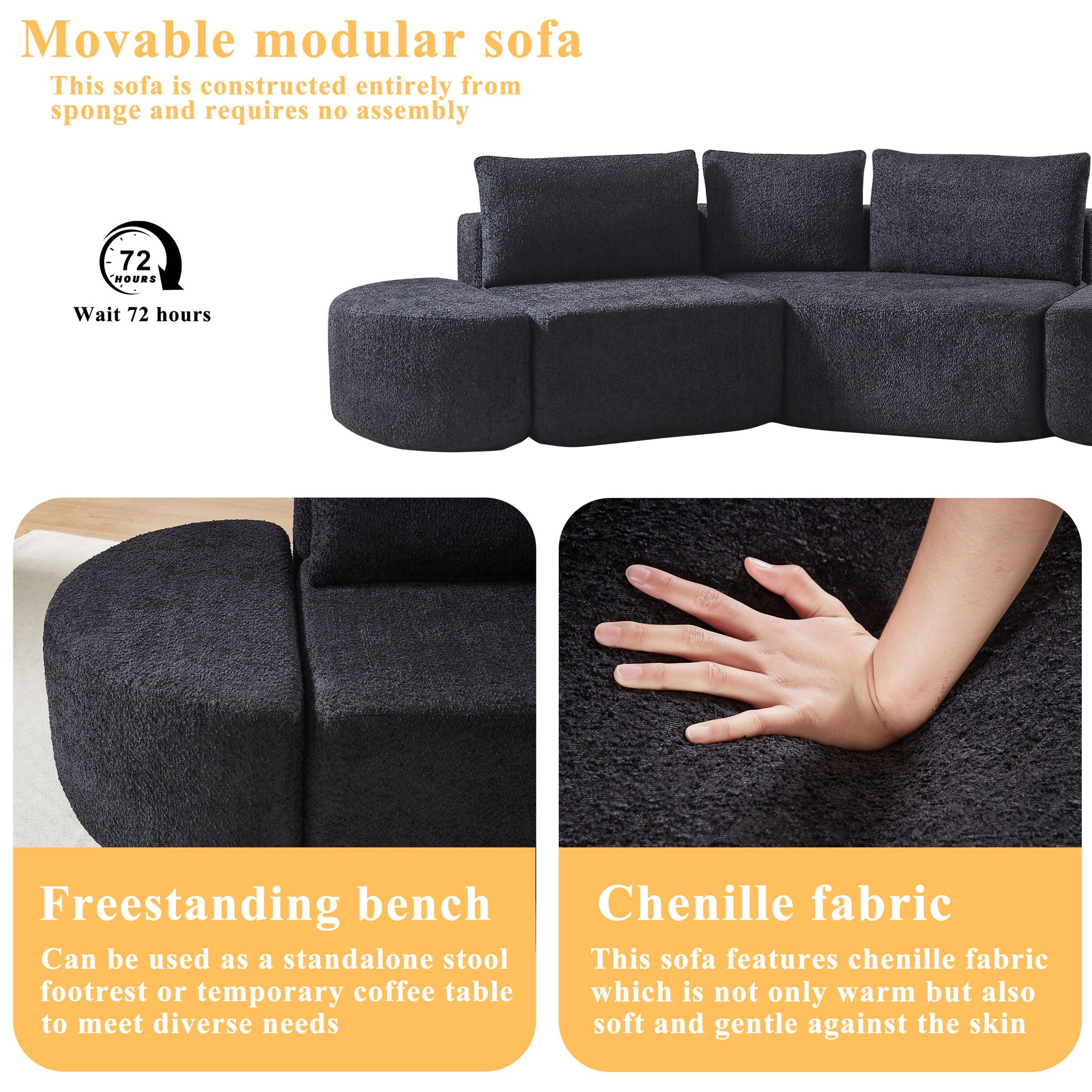 V - Shaped Modular Sofa Set & 3 Pillows And 2 Curved Ottomans For Living Rooms - Black
