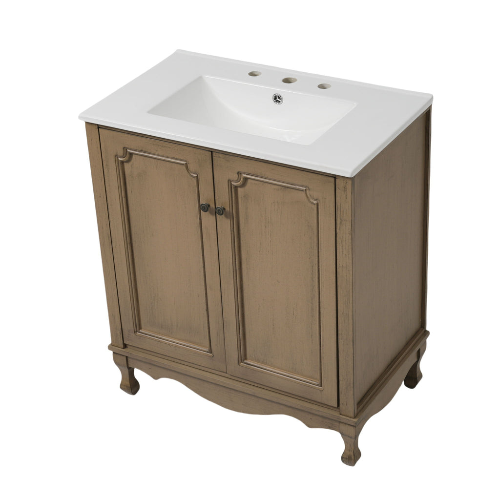 Vintage Bathroom Vanity With Ceramic Sink, Adjustable Shelves