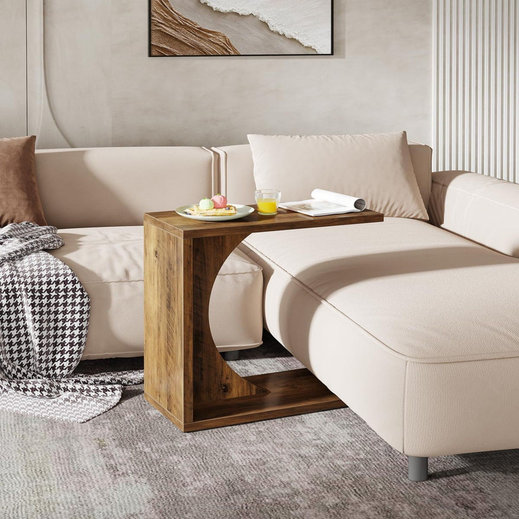 C - Shaped End Table For Couch - Rustic Brown