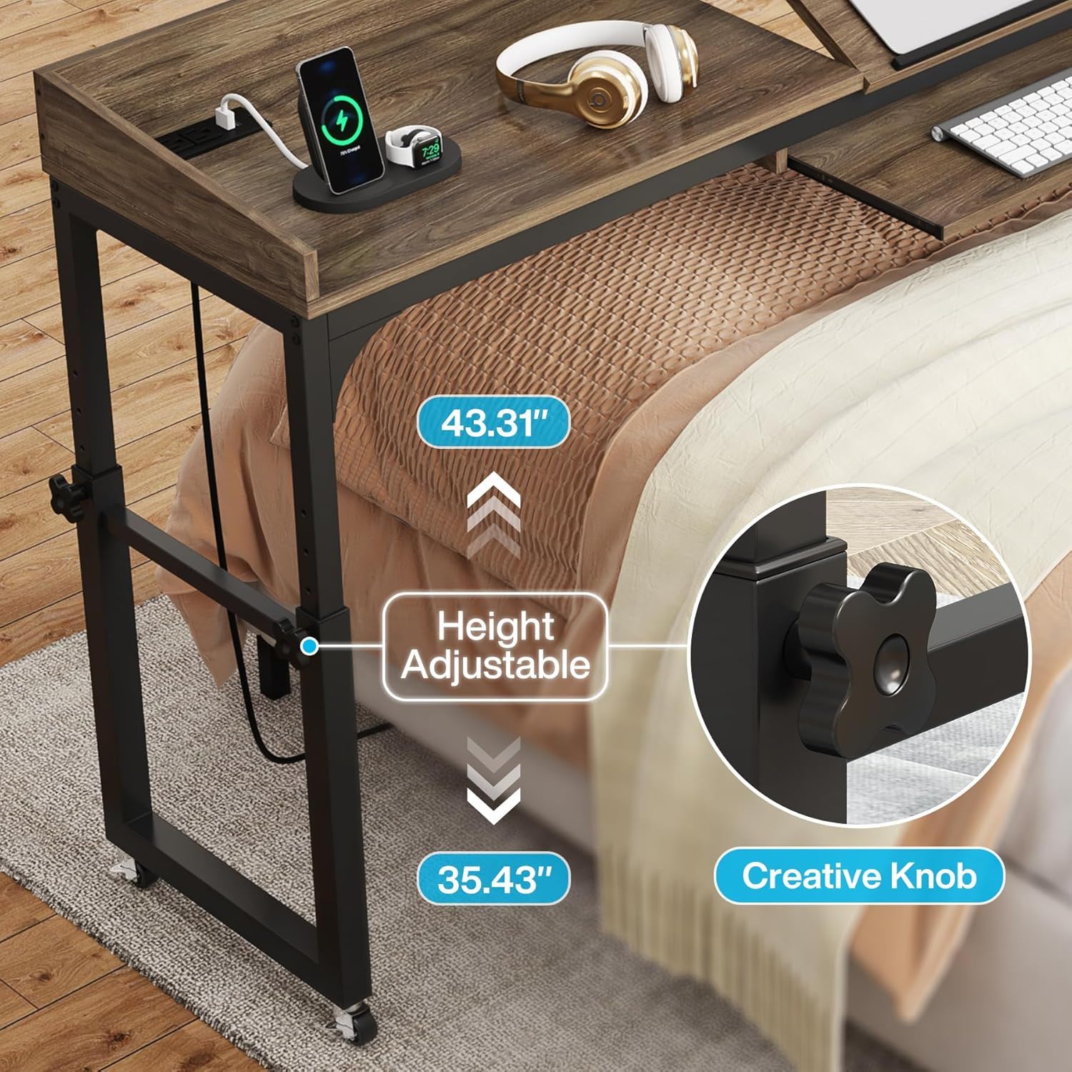 Adjustable Overbed Table With Wheels, Queen Size Mobile Desk - Dark Gray