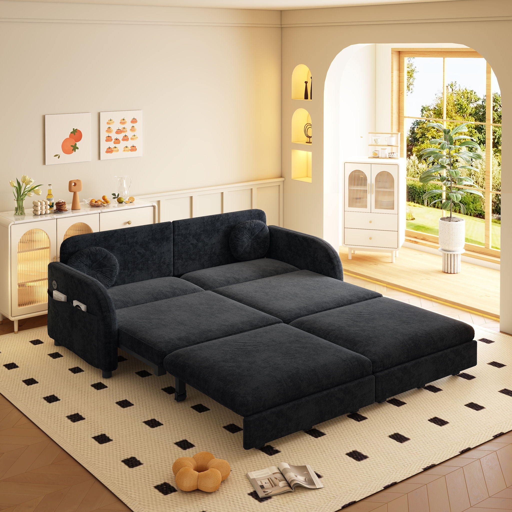 Upholstered Pull Out Couch With Side Pocket & USB Port