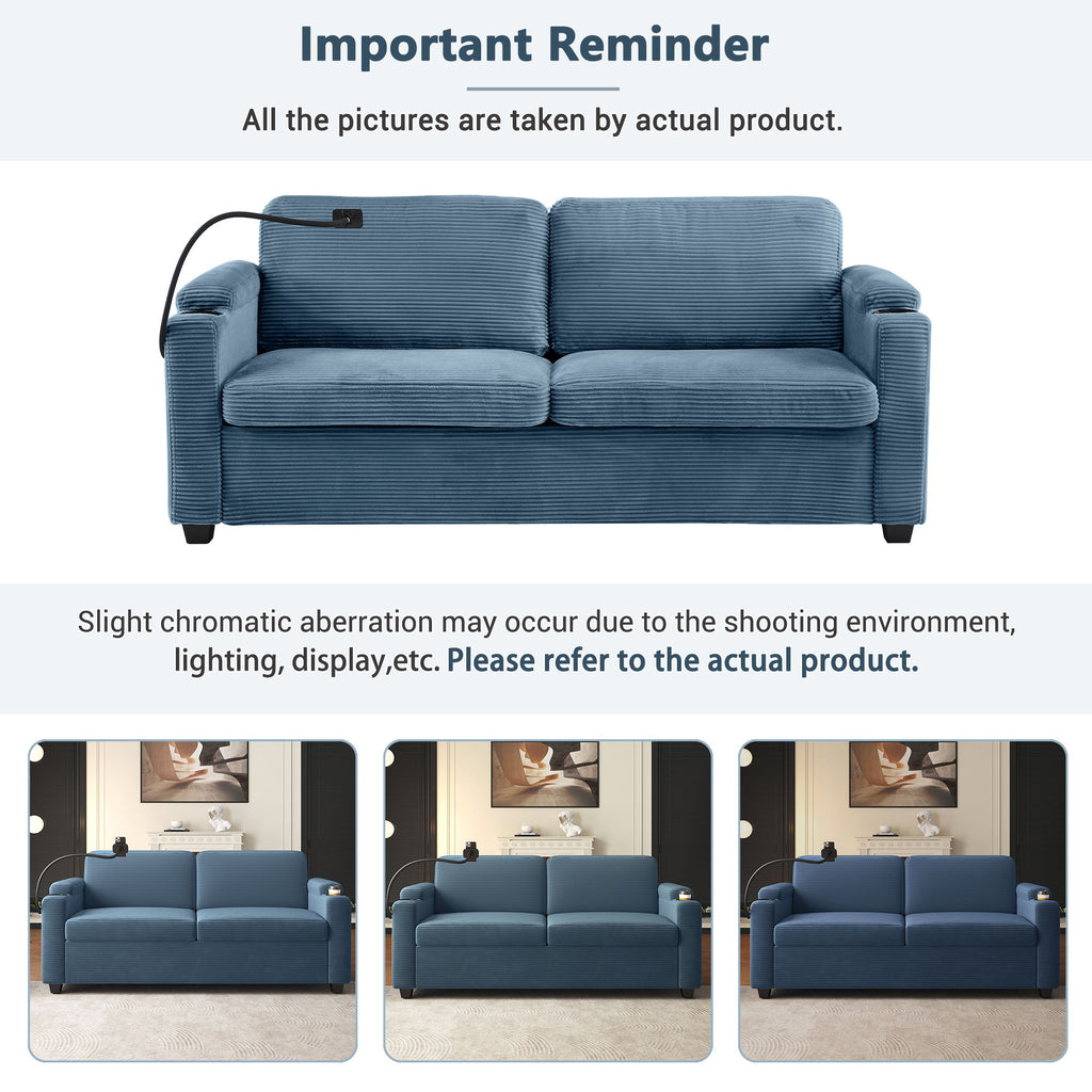 Sleeper Sofa Loveseat Sofa With Full Size Mattress, 2 USB Ports, 2 Cup Holders, 2 Side Pockets And Phone Holder