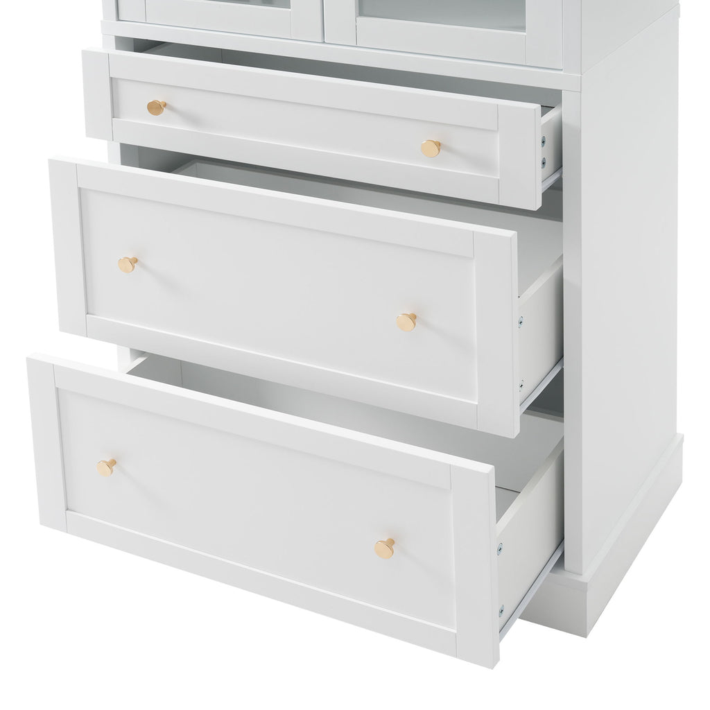 Freestanding Tall Bathroom Cabinet With Adjustable Shelves, Drawers, Soft Close Glass Doors