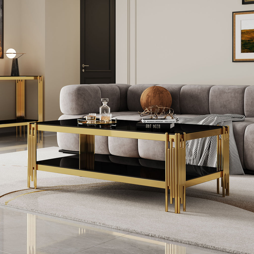 Top And Bottom Double Layer Tempered Glass Table And Mirror Finished Stainless Steel Frame