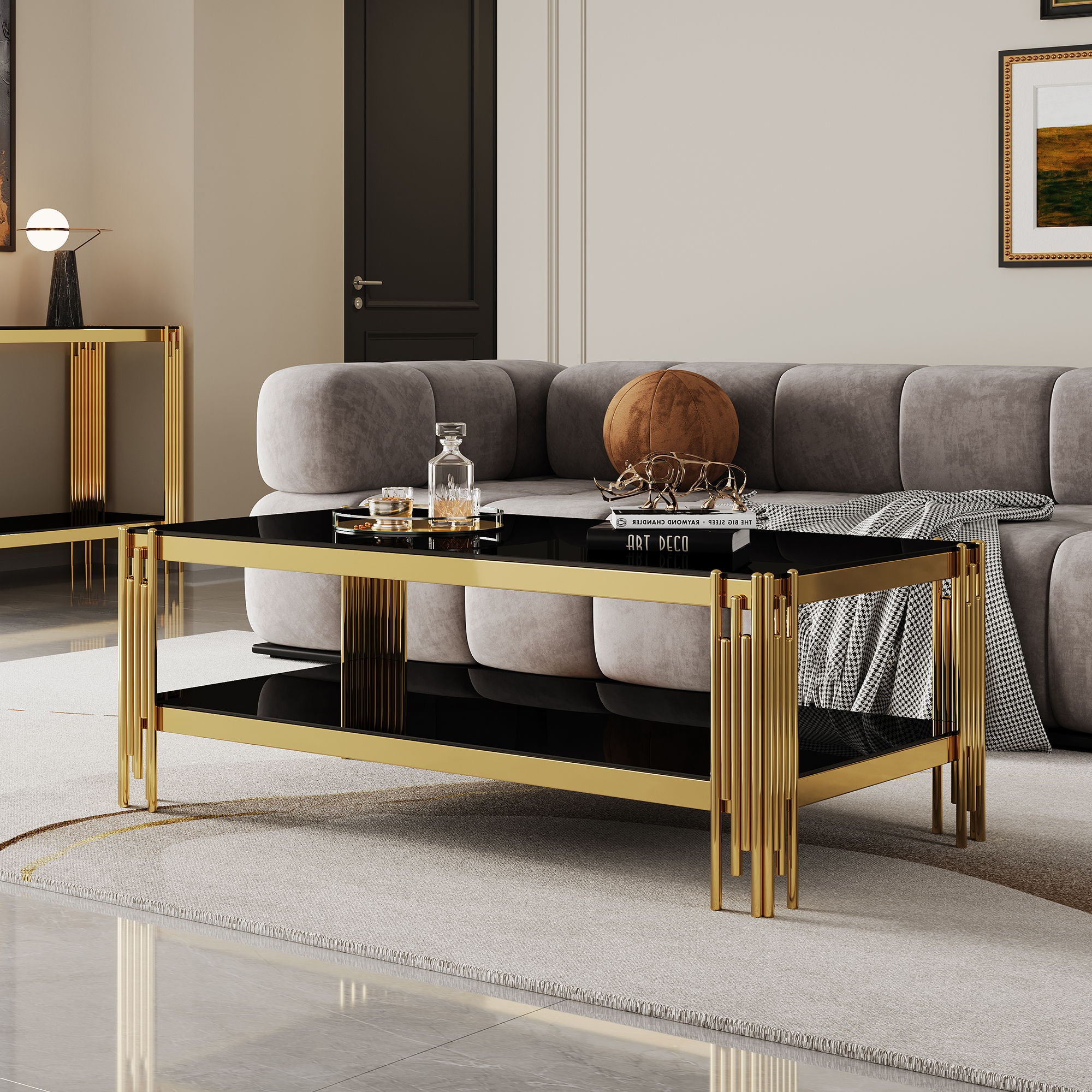 Top And Bottom Double Layer Tempered Glass Table And Mirror Finished Stainless Steel Frame