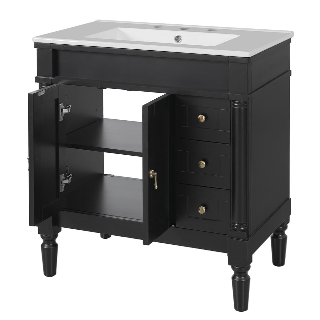 Bathroom Vanity With Ceramic Sink, 2 Doors 3 Drawers, Soft Close Design