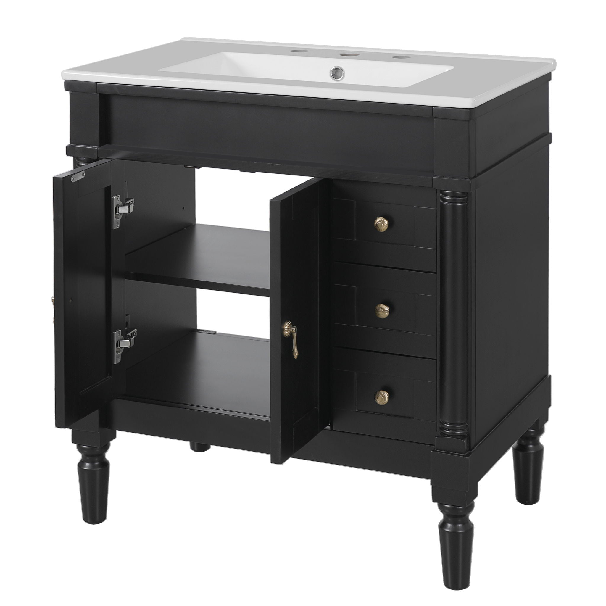 Bathroom Vanity With Ceramic Sink, 2 Doors 3 Drawers, Soft Close Design