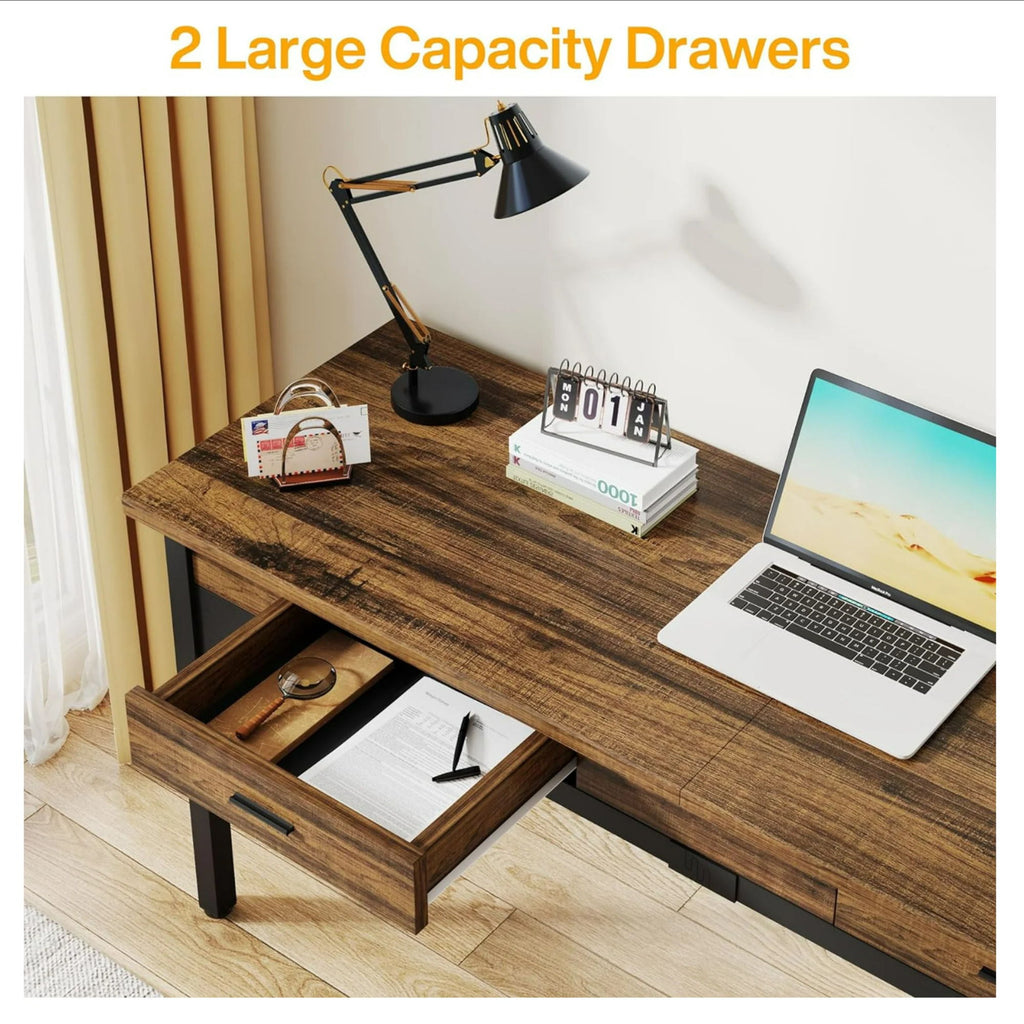 Double Office Desk For 2 With Frame, Long Workstation With 2 Drawers And Hooks - Brown / Black