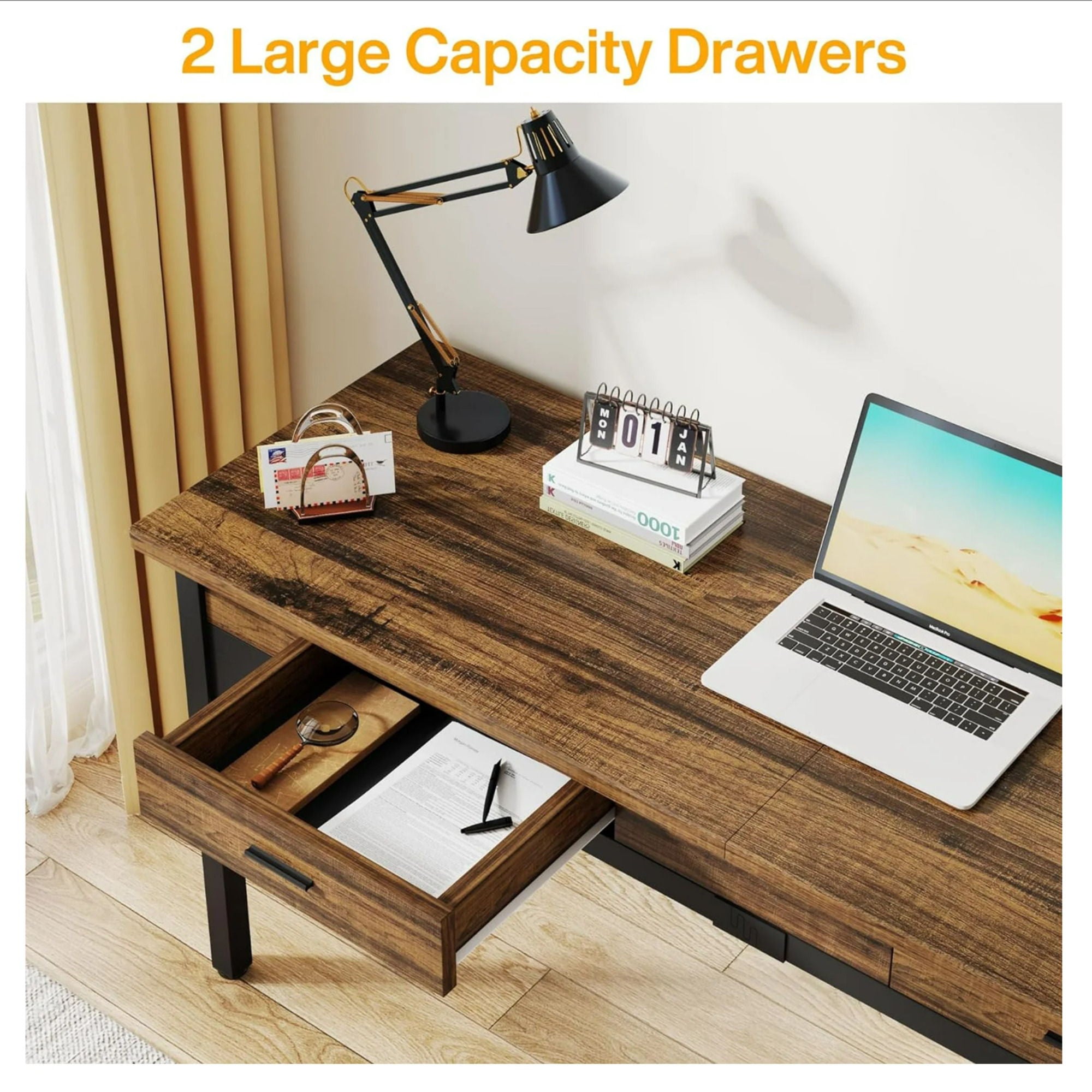 Double Office Desk For 2 With Frame, Long Workstation With 2 Drawers And Hooks - Brown / Black