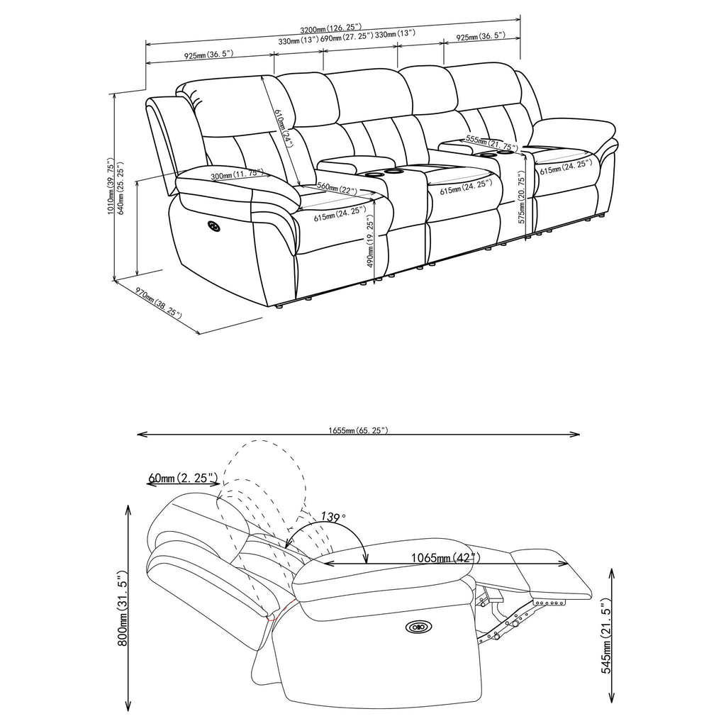 Divine - 5 Piece Power Reclining Home Theater Seating Set With Memory Foam Cushions And Storage Consoles