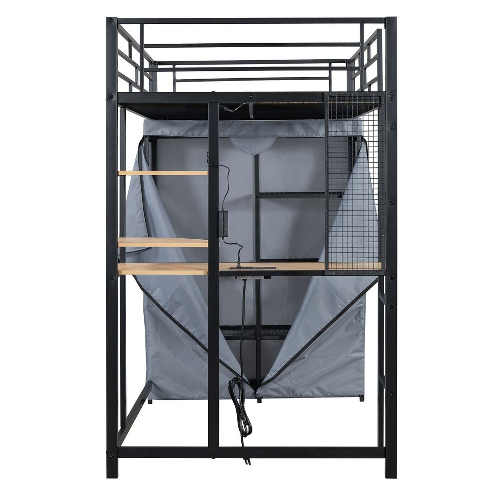 Loft Bed With Desk, Shelves, Power Outlet, LED Light And Wardrobe