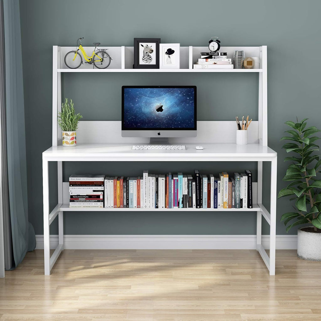 Computer Desk With Hutch And Bookshelf, Compact Home Office Workstation - White