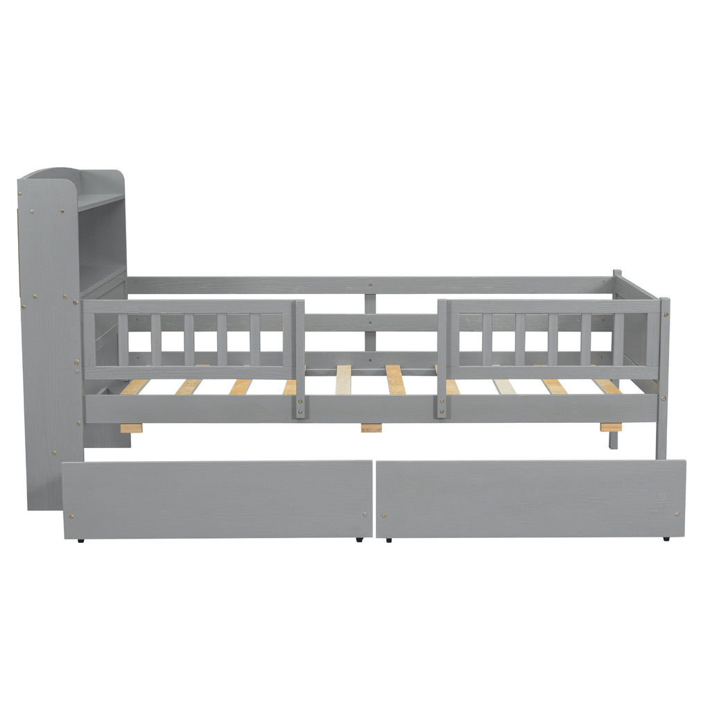 Platform Bed With LED Light, Multi Functional Headboard, Guardrail And 2 Drawers