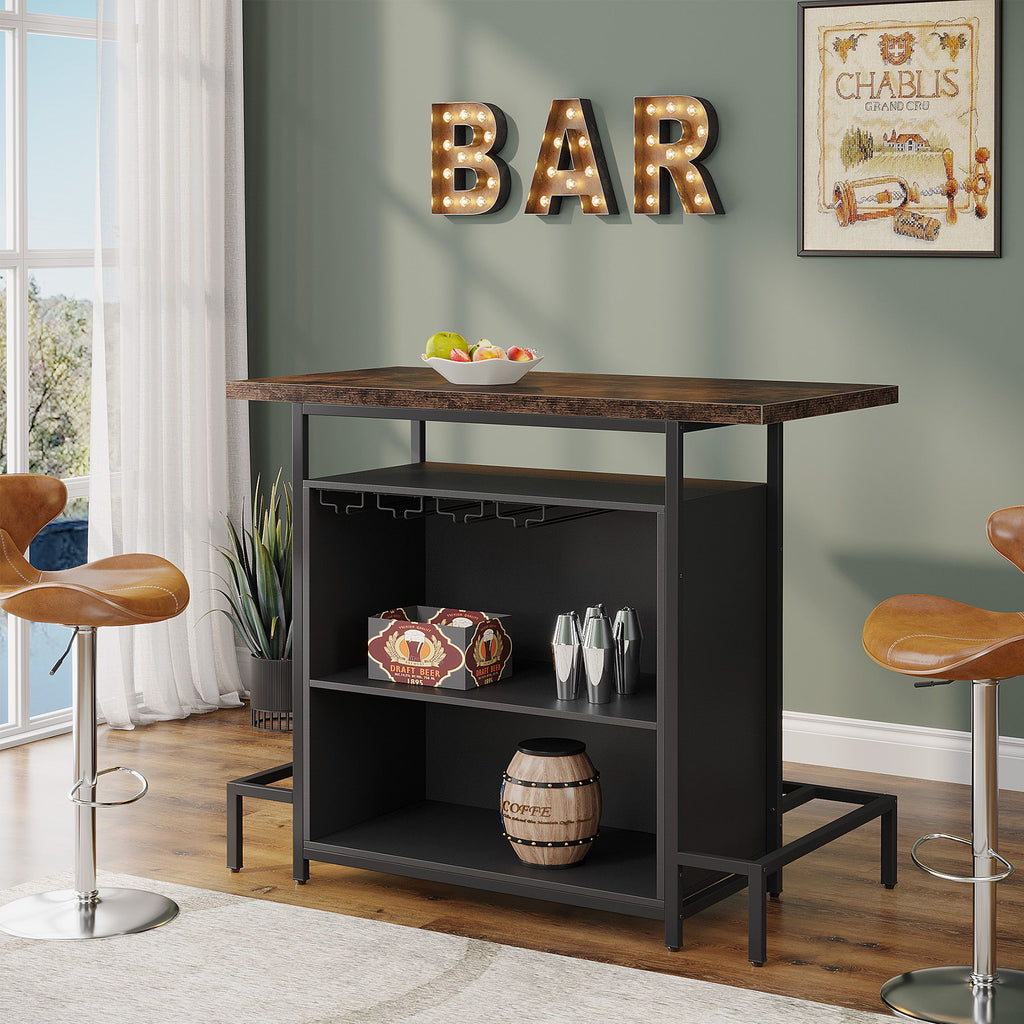 Home Bar Cabinet With 3 Tier Storage & 4 Wine Glass Racks - Brown / Black