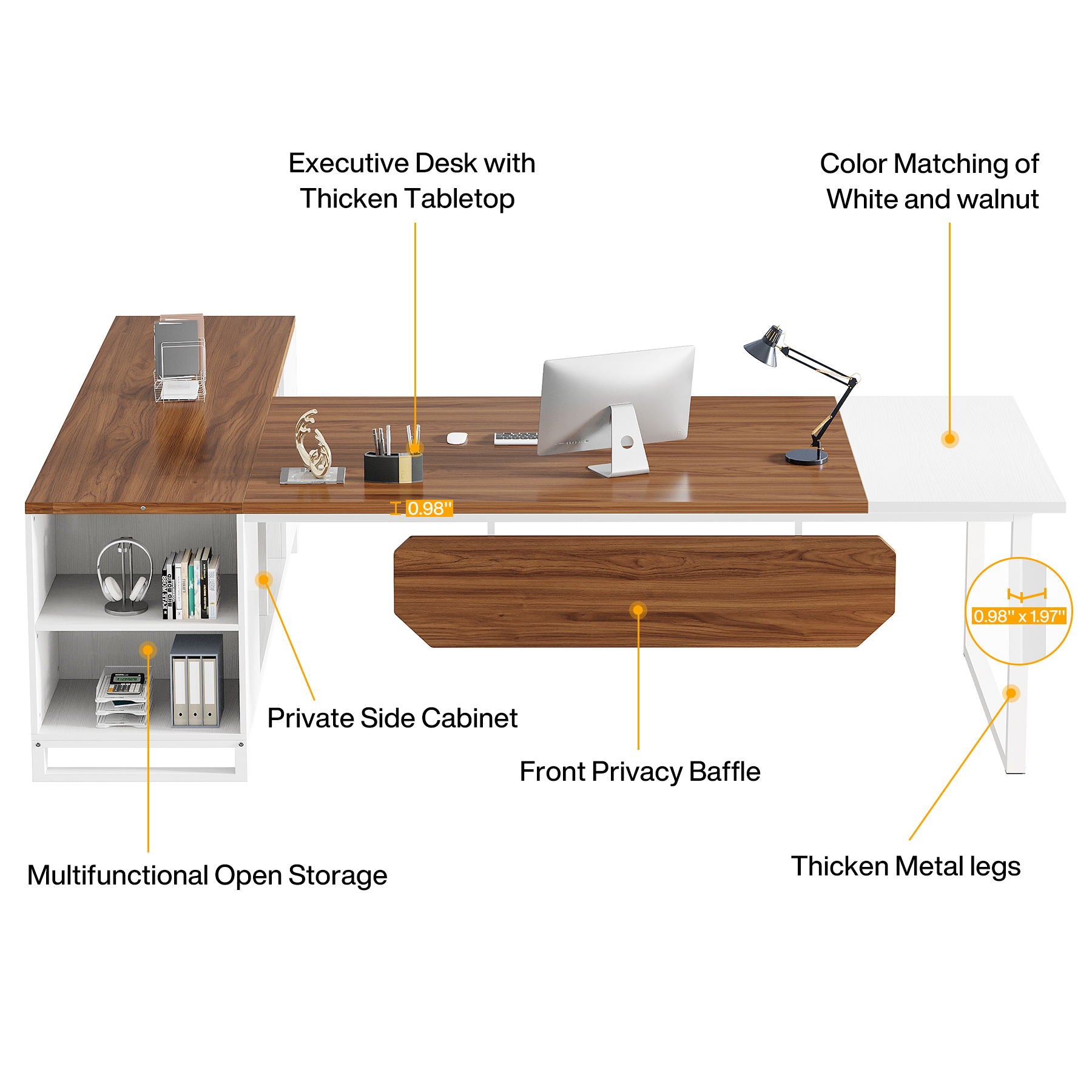 L-Shaped Executive Desk With File Cabinet, Large Workspace For Home Office - White / Walnut