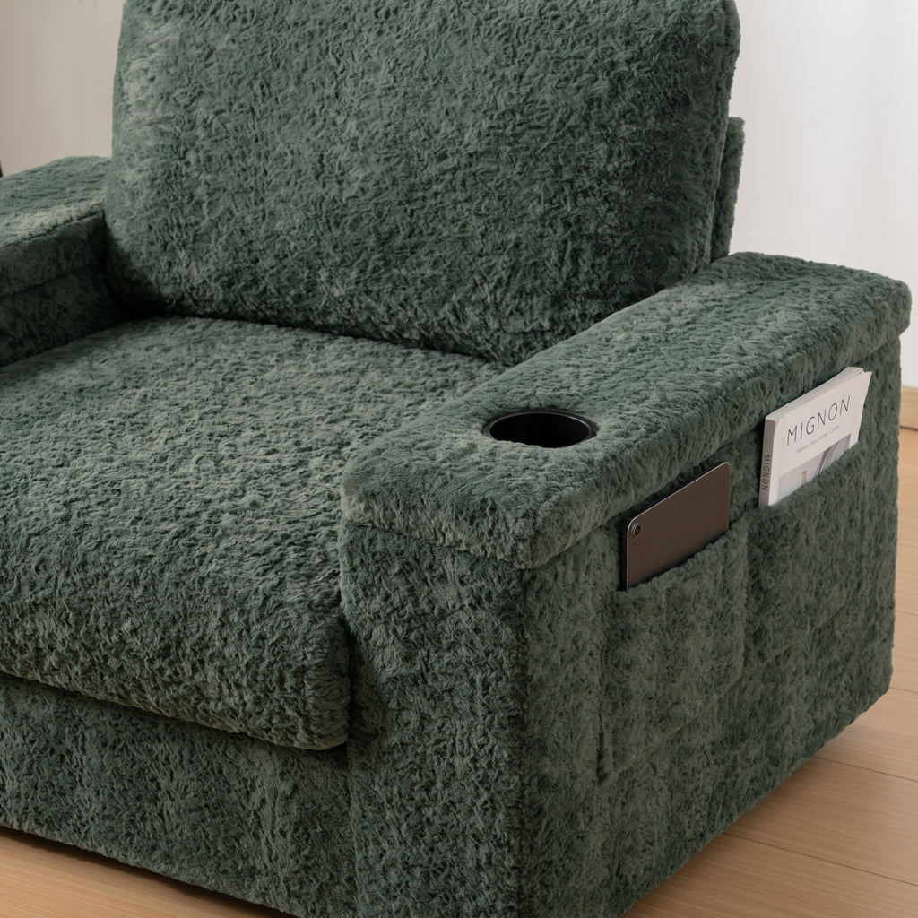 Oversized Chaise Lounge Indoor Rabbit Fur Sofa Bed With Storage Ottoman And Armrests Cup Holders With Deep Seat