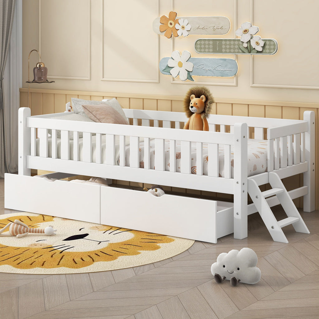 Platform Bed With Guardrail And 2 Drawers