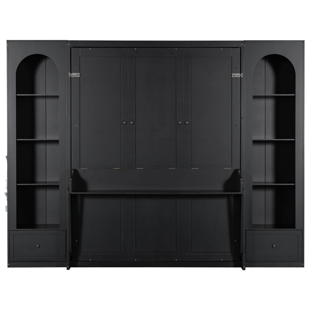 French Style Murphy Platform Bed With Shelf, Side Cabinets, Drawers And LED
