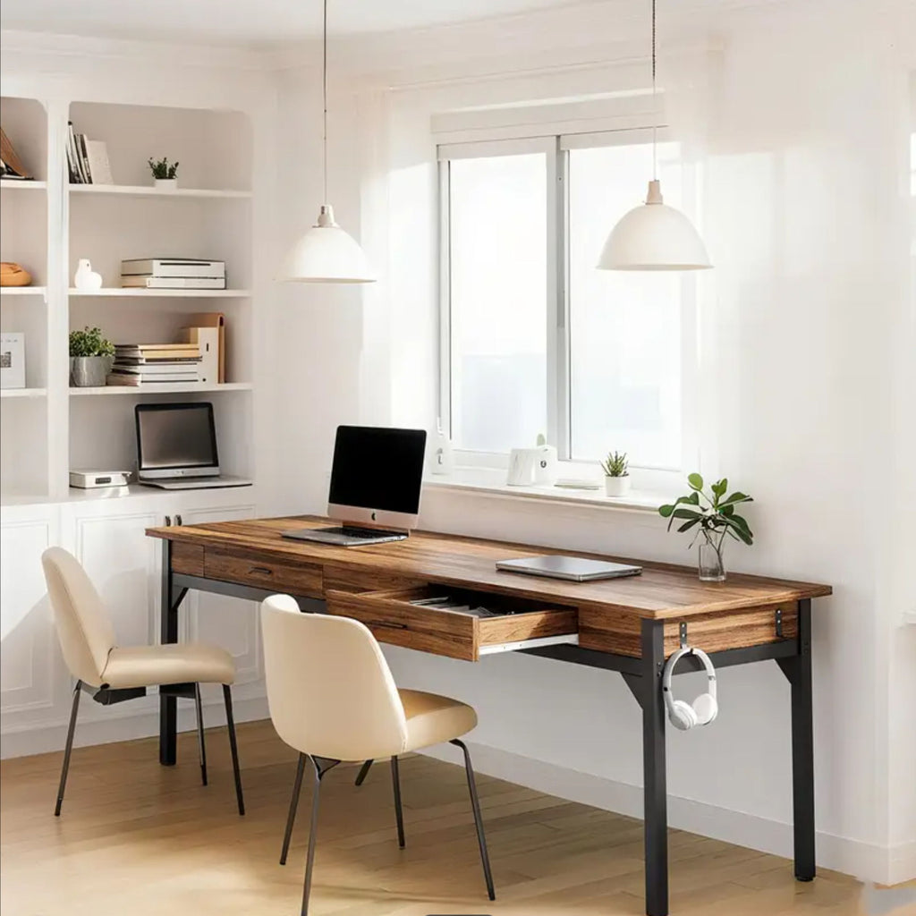 Double Office Desk For 2 With Frame, Long Workstation With 2 Drawers And Hooks - Brown / Black
