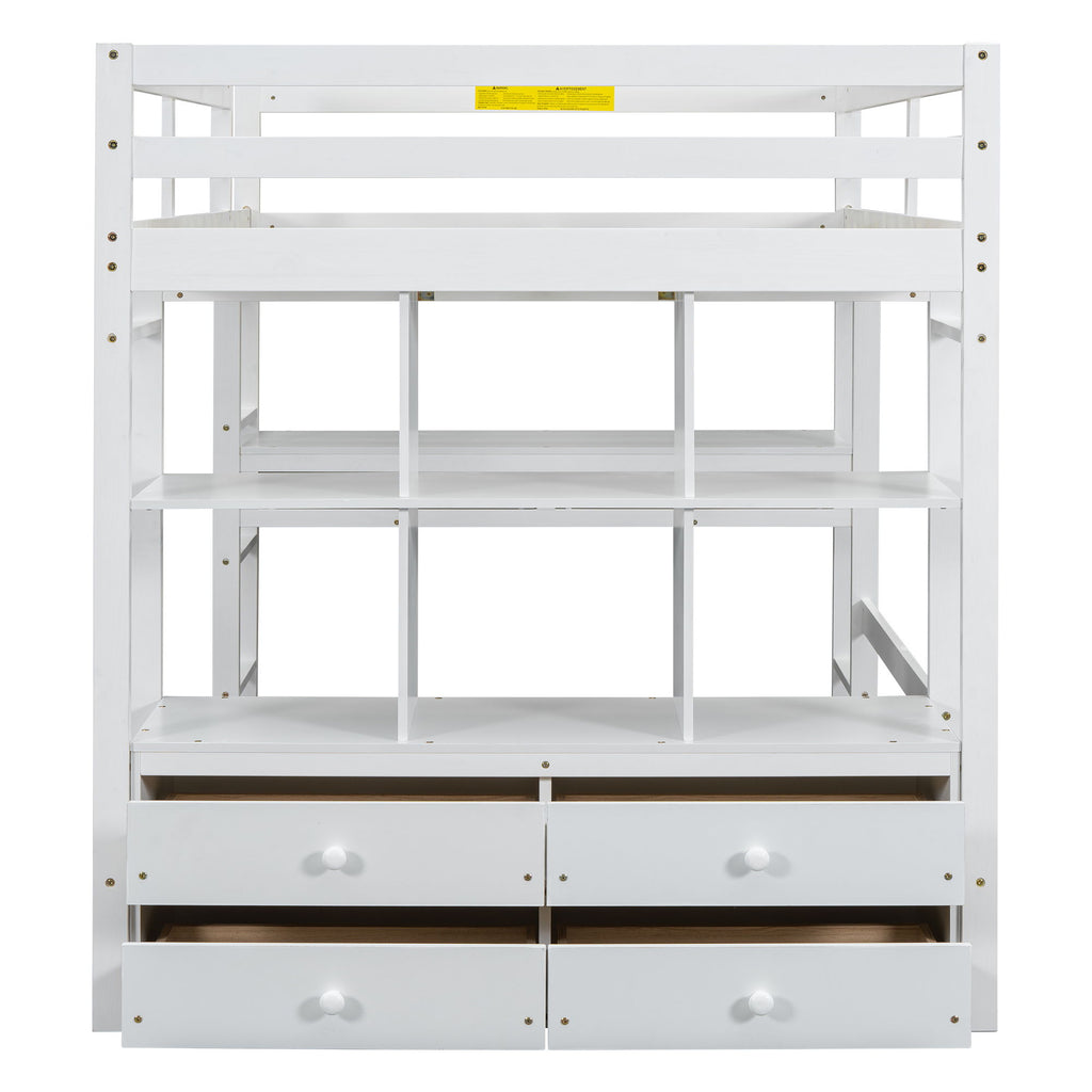 Full Size Loft Bed With Built In Desk, 2 Drawers, Storage Shelves - White