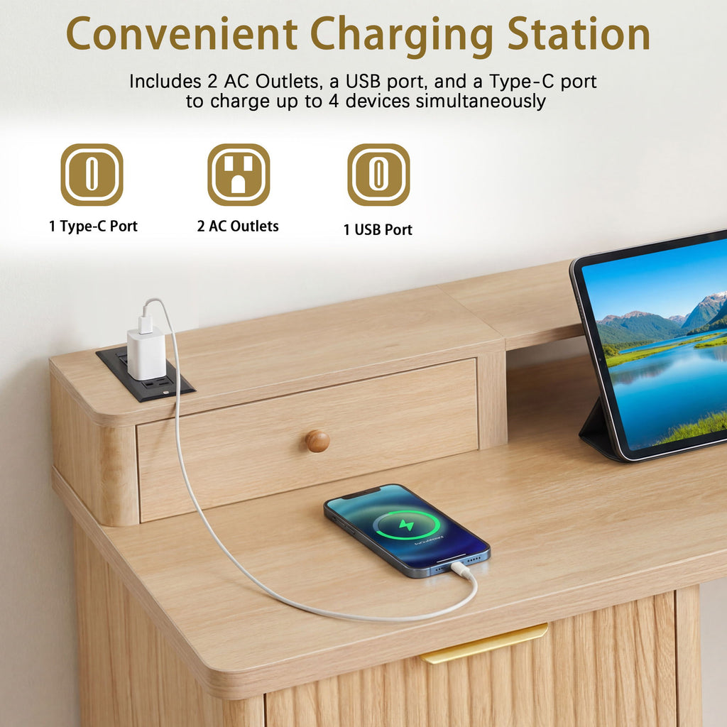 Fluted L-Shaped Desk With Charging Station & Storage Cabinet