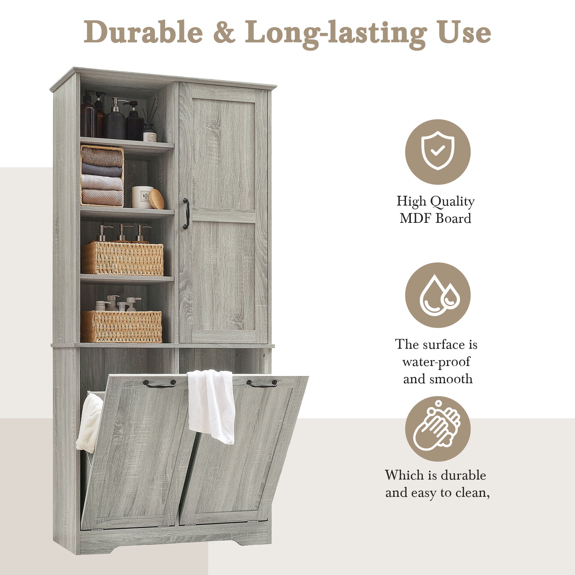 Freestanding Storage Cabinet With Doors, Tilt Out Drawers, Adjustable Shelves, Open Shelf, Bathroom & Laundry Room Organizer - Oak
