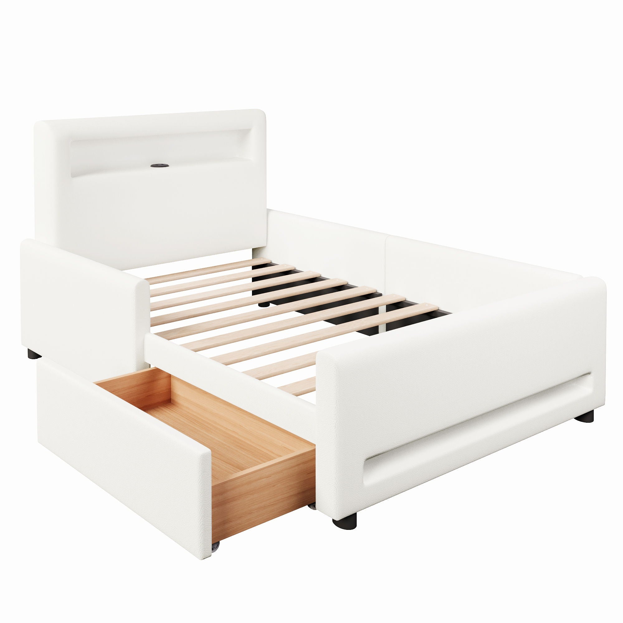 Upholstered Platform Bed With Drawer, LED Light Strip, USB Port